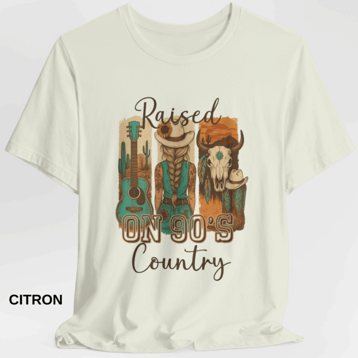 Raised On 90's Country Shirt, Country, Western, Cowgirl, Guitar, Cowgirl Boots, Cowgirl Hat, Cow Skull